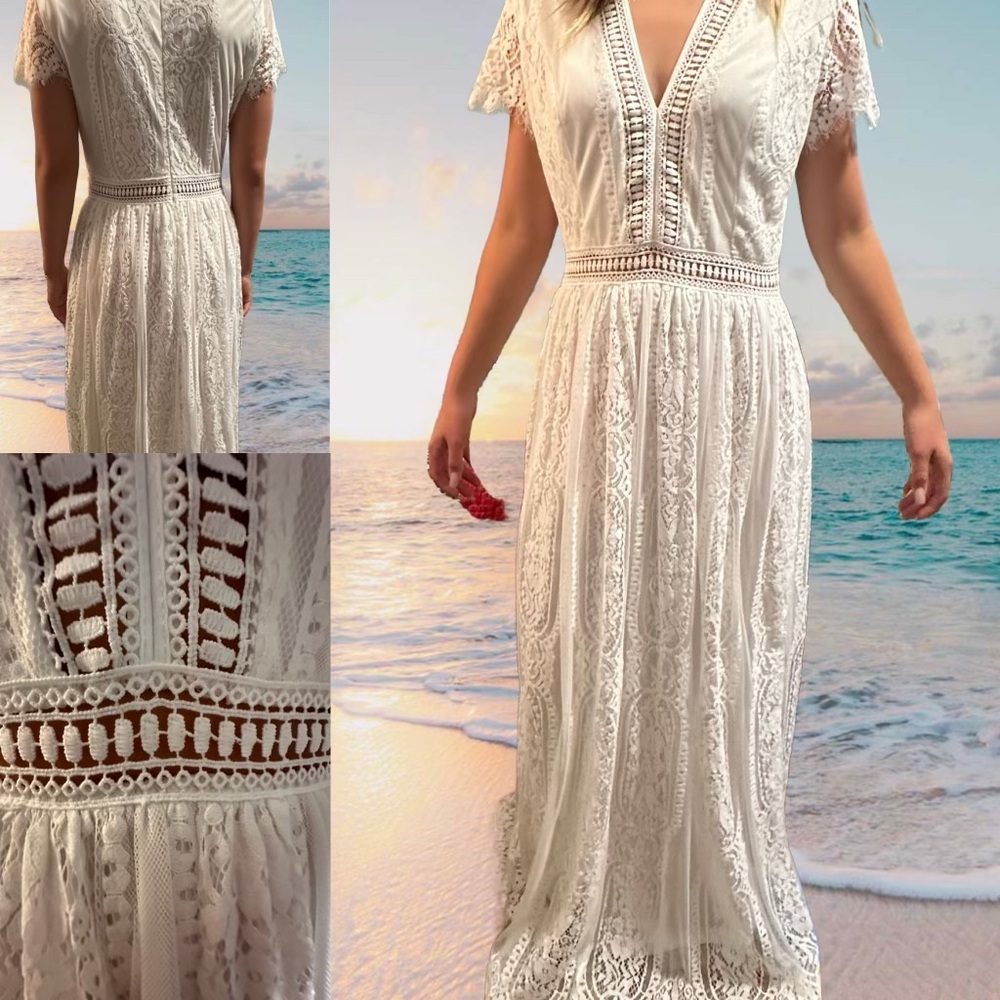Women’s V-neck Short Sleeve Lace Wedding Dress